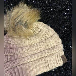 Beige Knit Pom Pom Beanie